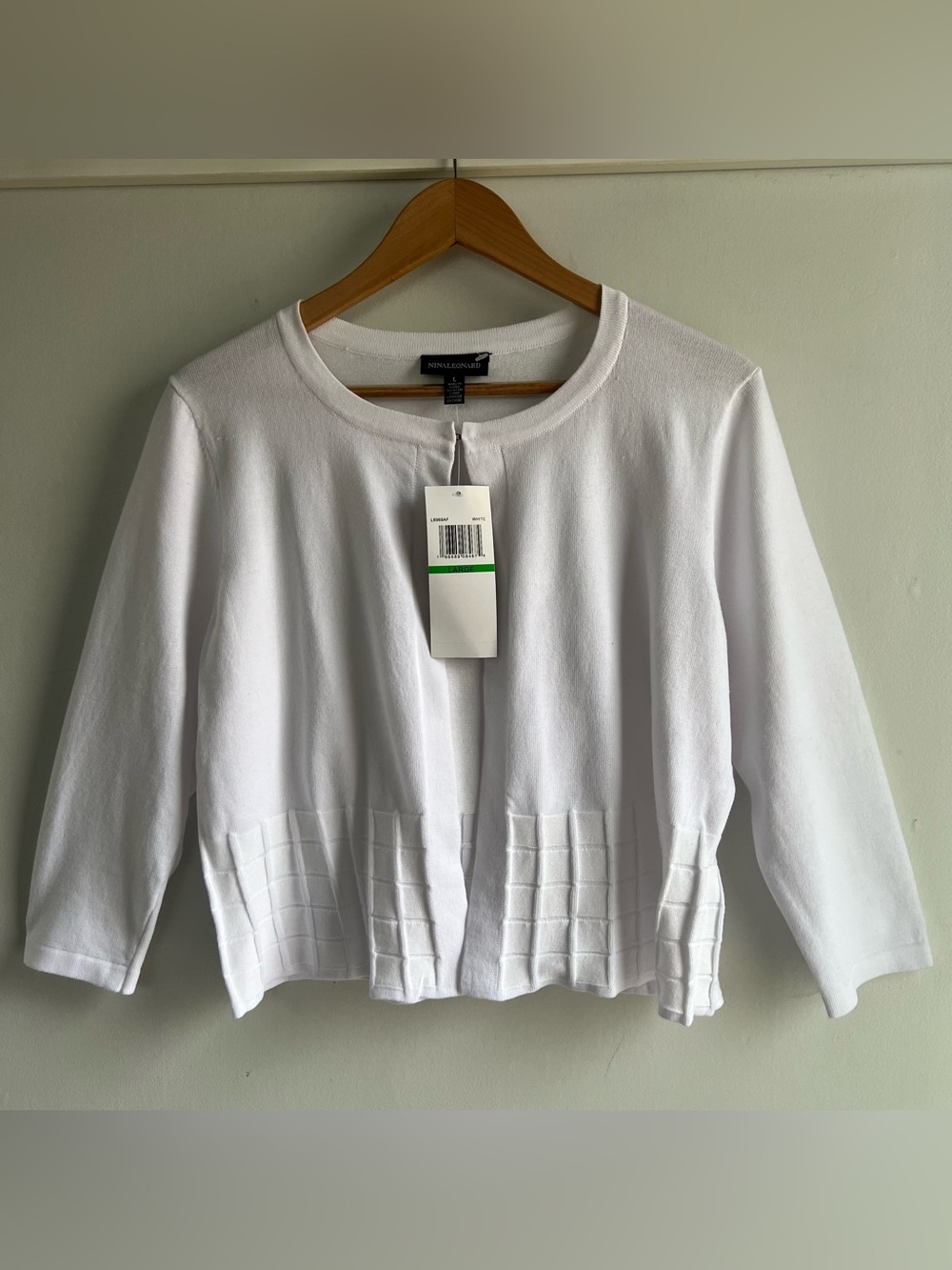 Nina Leonard Women’s L Large White Open Front 3/4 Sleeve Knit Cardigan Sweater